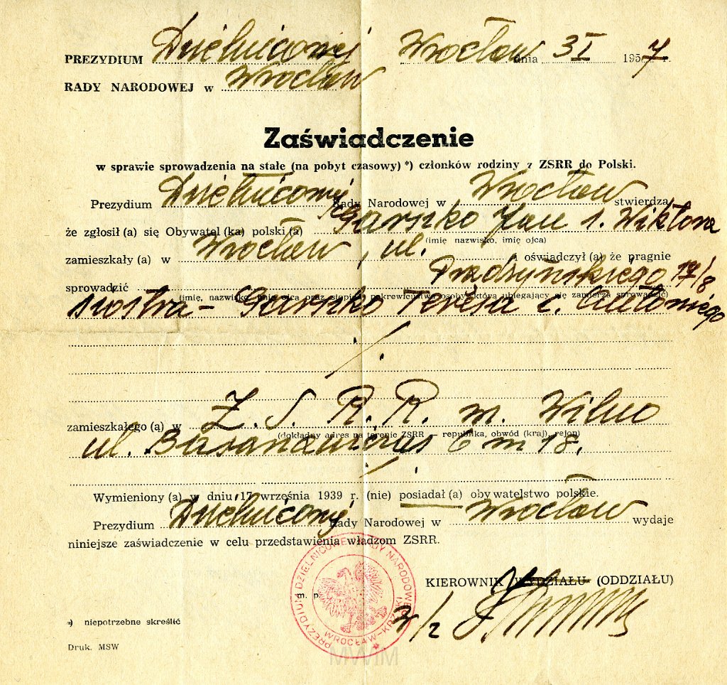 KKE 5713.jpg - (polski-rosyjski) Dok. Zgoda wystawiona przez Prezydium Rady Narodowej dla Jana Graszko dotycząca sprowadzenia siostry Teresy Graszko z Wilna do Polski, Wrocław 3 I 1957 r.